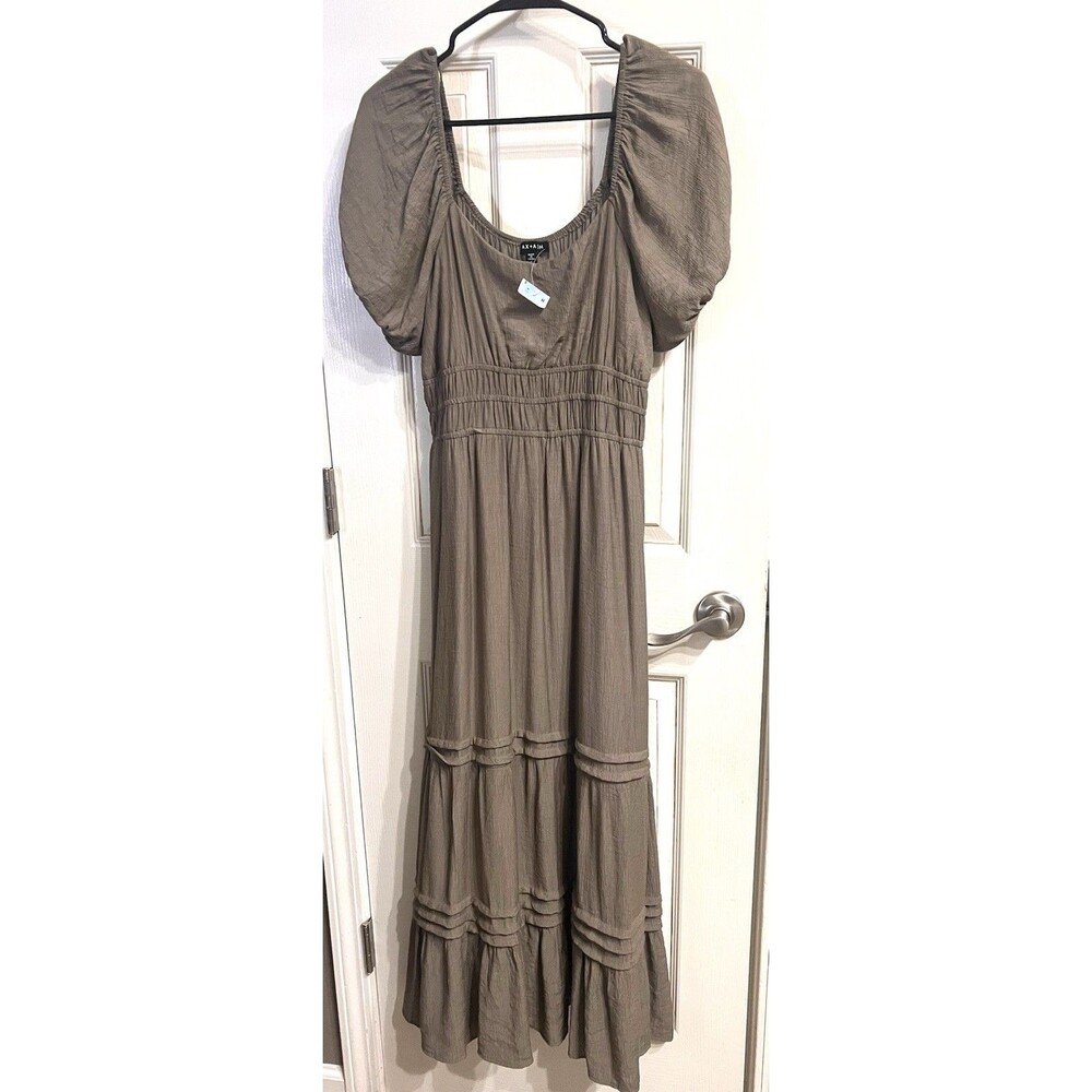 Max + Ash XL Olive Ruched Lined Midi/Maxi Dress Scoop Neck Puff Sleeve New NWT